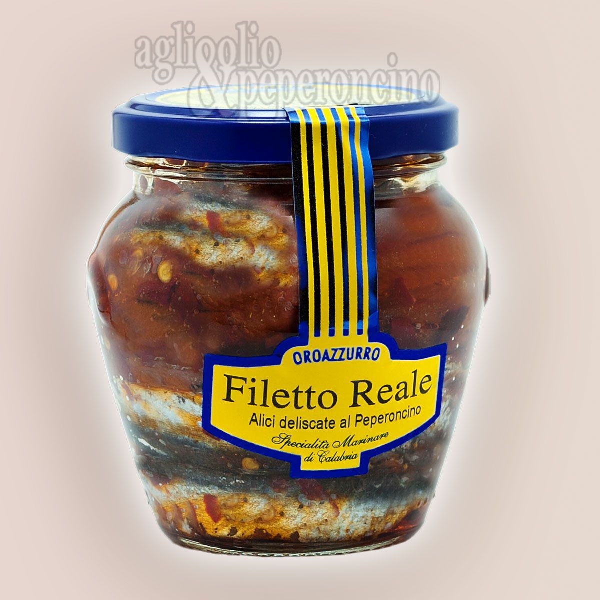 Filetto Reale Oro Azzurro - Alici deliscate al peperoncino in olio extravergine di oliva in vasetto di vetro