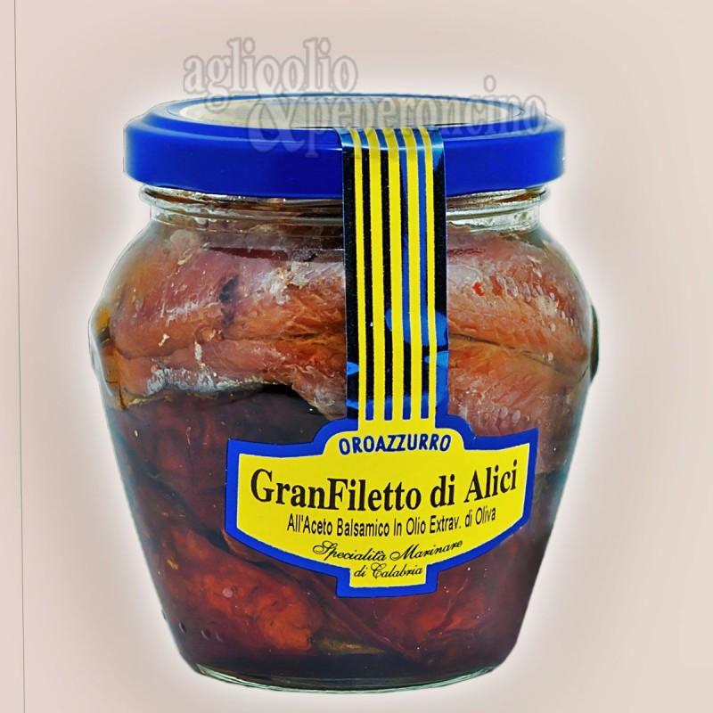 GranFiletto di alici all'aceto balsamico con pomodori secchi in olio extravergine d'oliva - Vaso vetro 200 gr