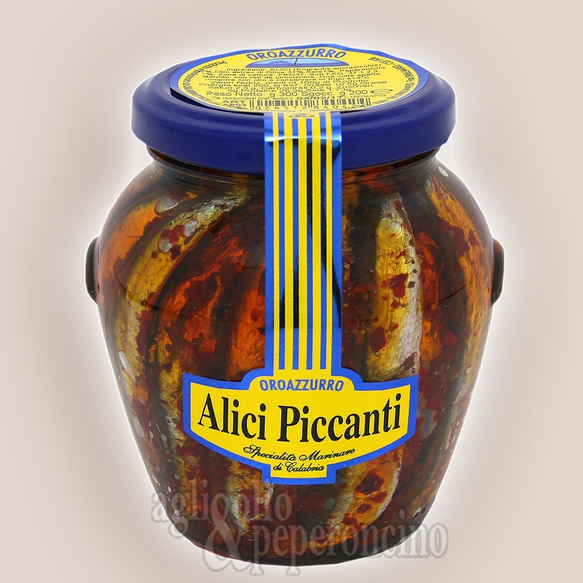 Alici piccanti Oroazzurro in olio extravergine di oliva in vaso di vetro da 300 gr.