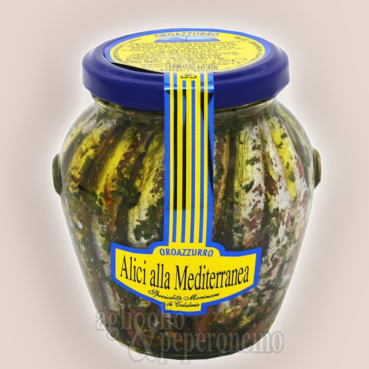 Alici alla Mediterranea con prezzemolo Oroazzurro in olio extravergine di oliva in vaso di vetro da 300 gr.