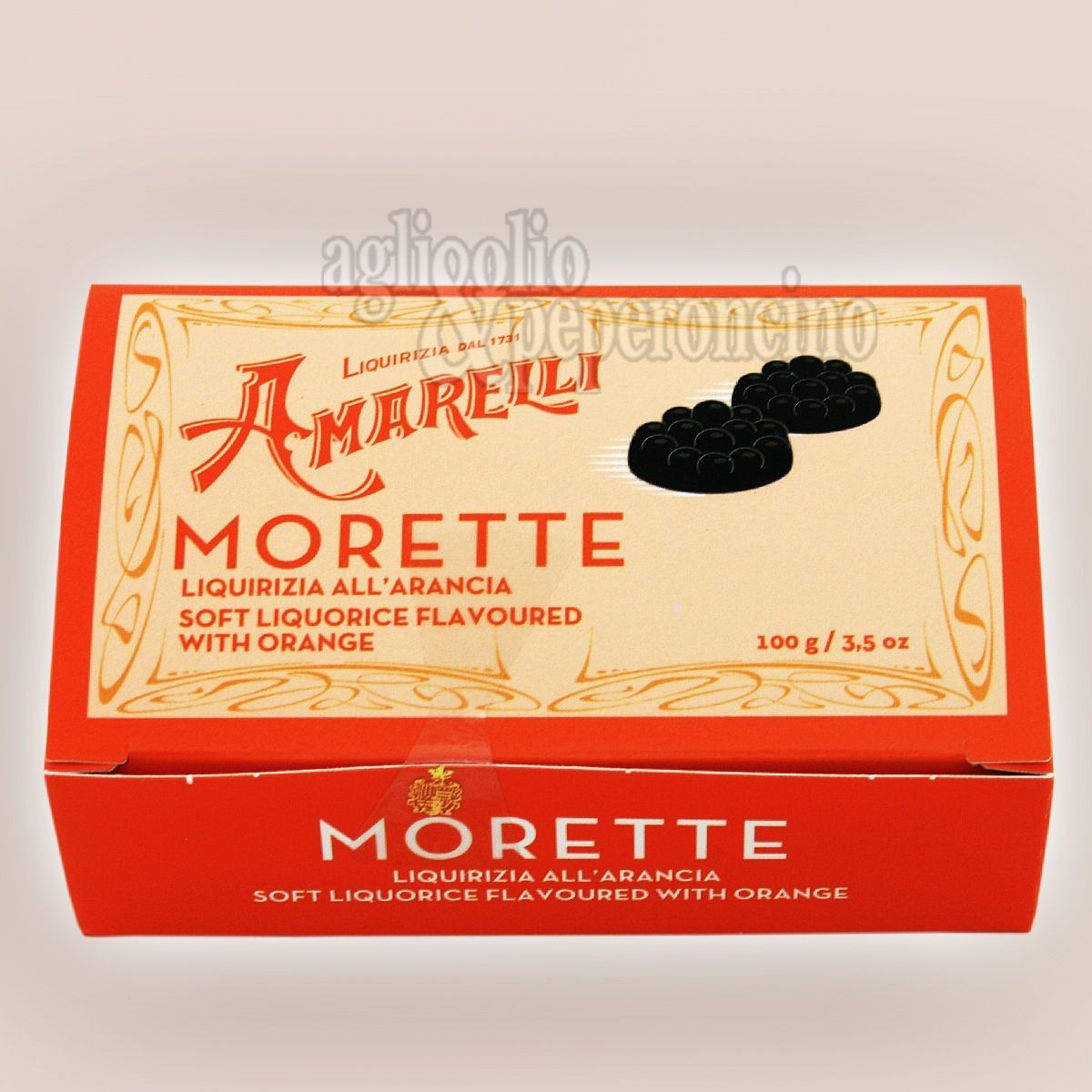 Amarelli Morette all'arancia in scatola da 100g - Liquirizia calabrese morbida aromatizzata all'arancia