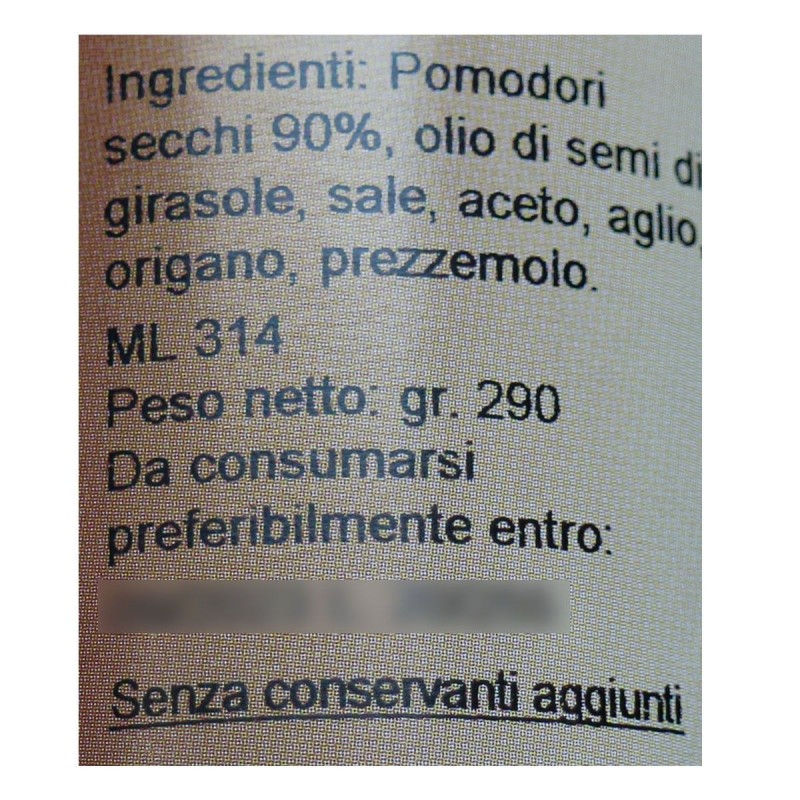 Pomodori secchi sott'olio - Etichetta ingredienti