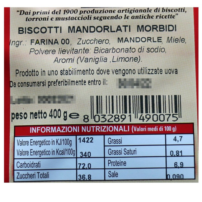 Biscotti mandorla calabresi morbidi - Sicari - Etichetta