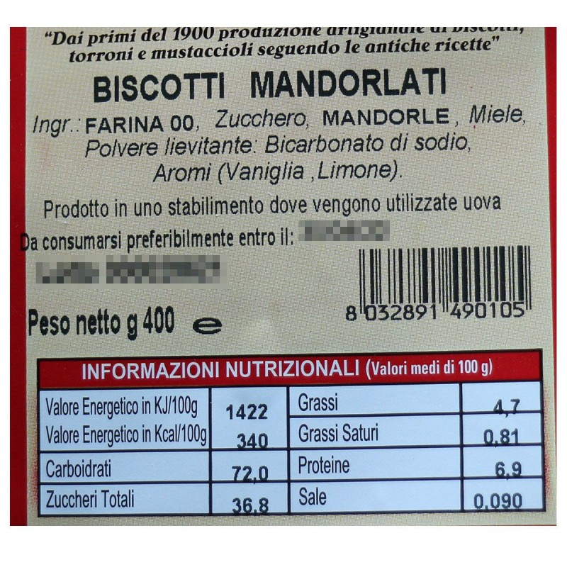 Biscotti mandorla calabresi Friabili - Sicari - Etichetta