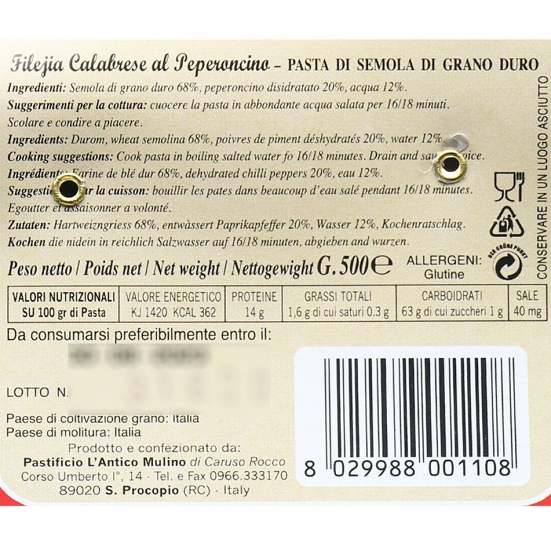 Fileja calabrese al peperoncino artigianale - Etichetta