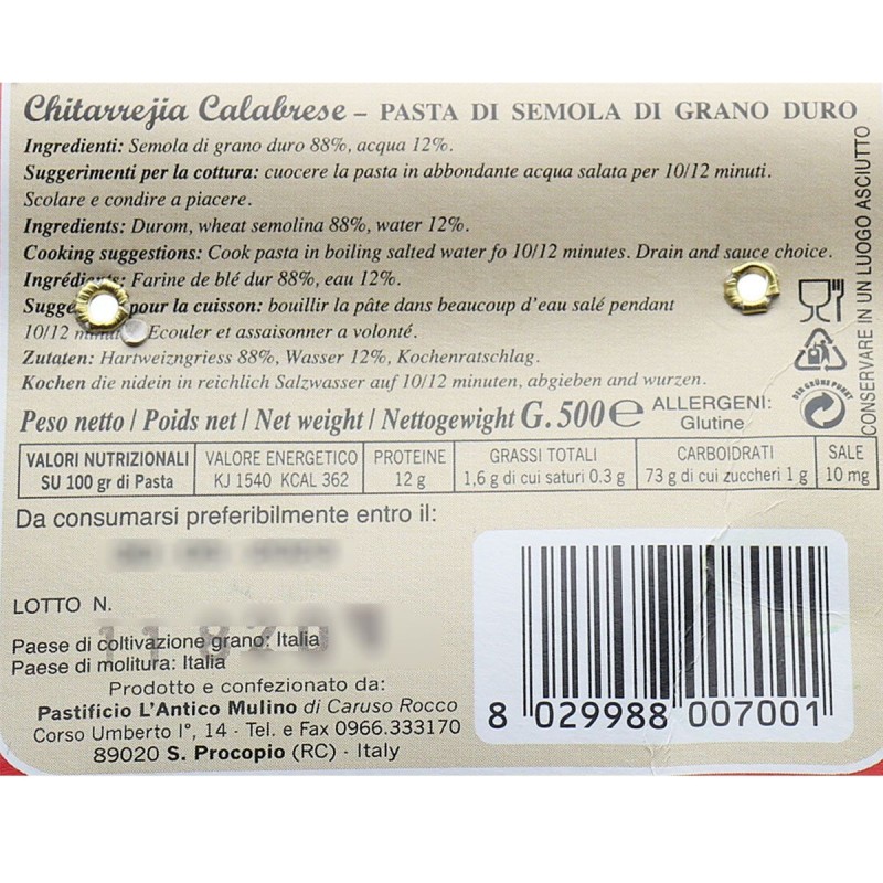 Chitarreja calabrese artigianale - Etichetta