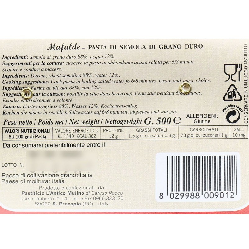 Mafalde artigianali - Etichetta